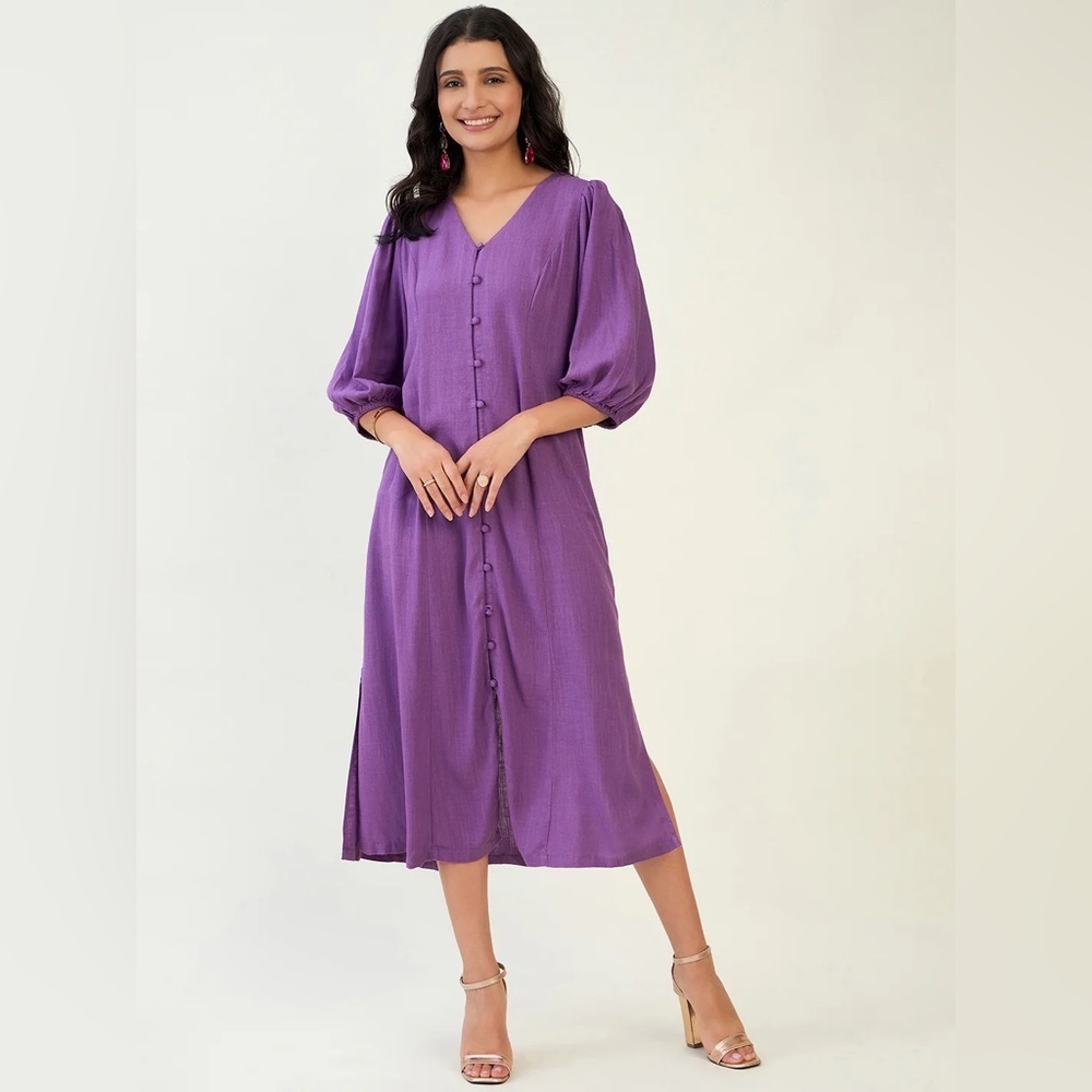 NEW J.Jill Linen Blend Balloon Sleeve Button Front Purple‎ Midi Dress Women’s LP
